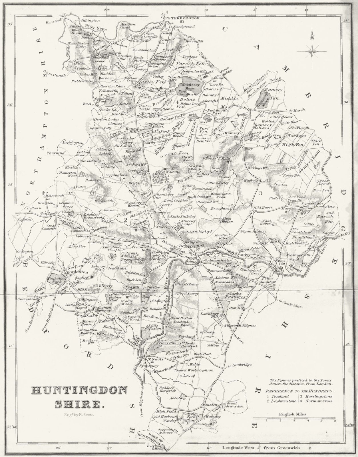 HUNTS. Huntingdonshire. Fullarton 1844 old antique vintage map plan chart